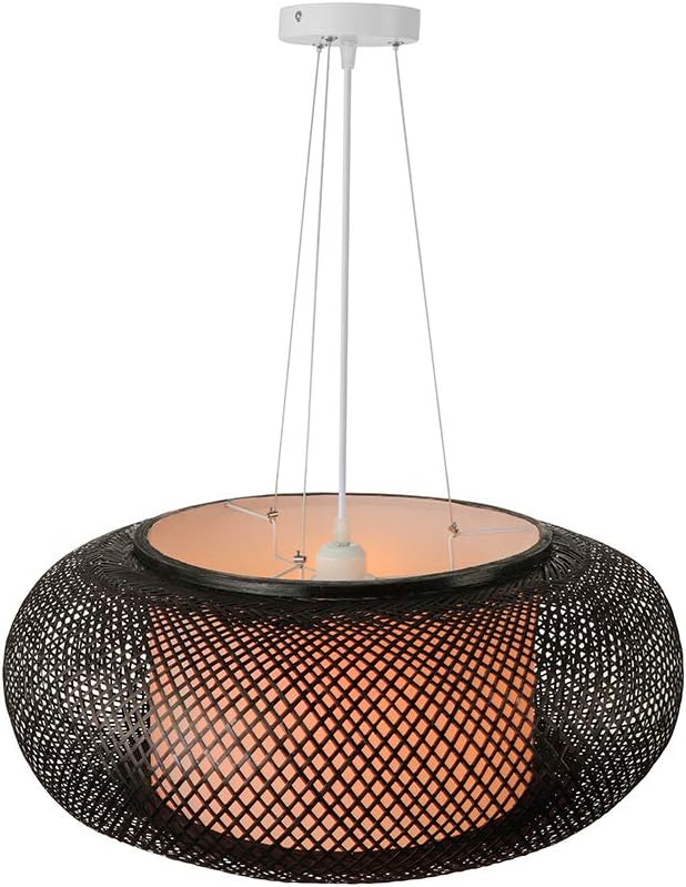 LITFAD Antique Lantern Pendant Lighting Rattan Single Light Weaving Natural Wooden Ceiling Hanging Light Beige Bamboo Ceiling Fixture with Adjustable Cord for Dining Room Living Room Restaurant - 16" - 