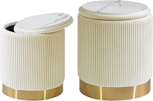 Miniatura 4 de IBUYKE Juego de 2 otomanas redondas de almacenamiento para dormitorio, taburetes de tocador con reposapiés de terciopelo, mesa auxiliar, otomana