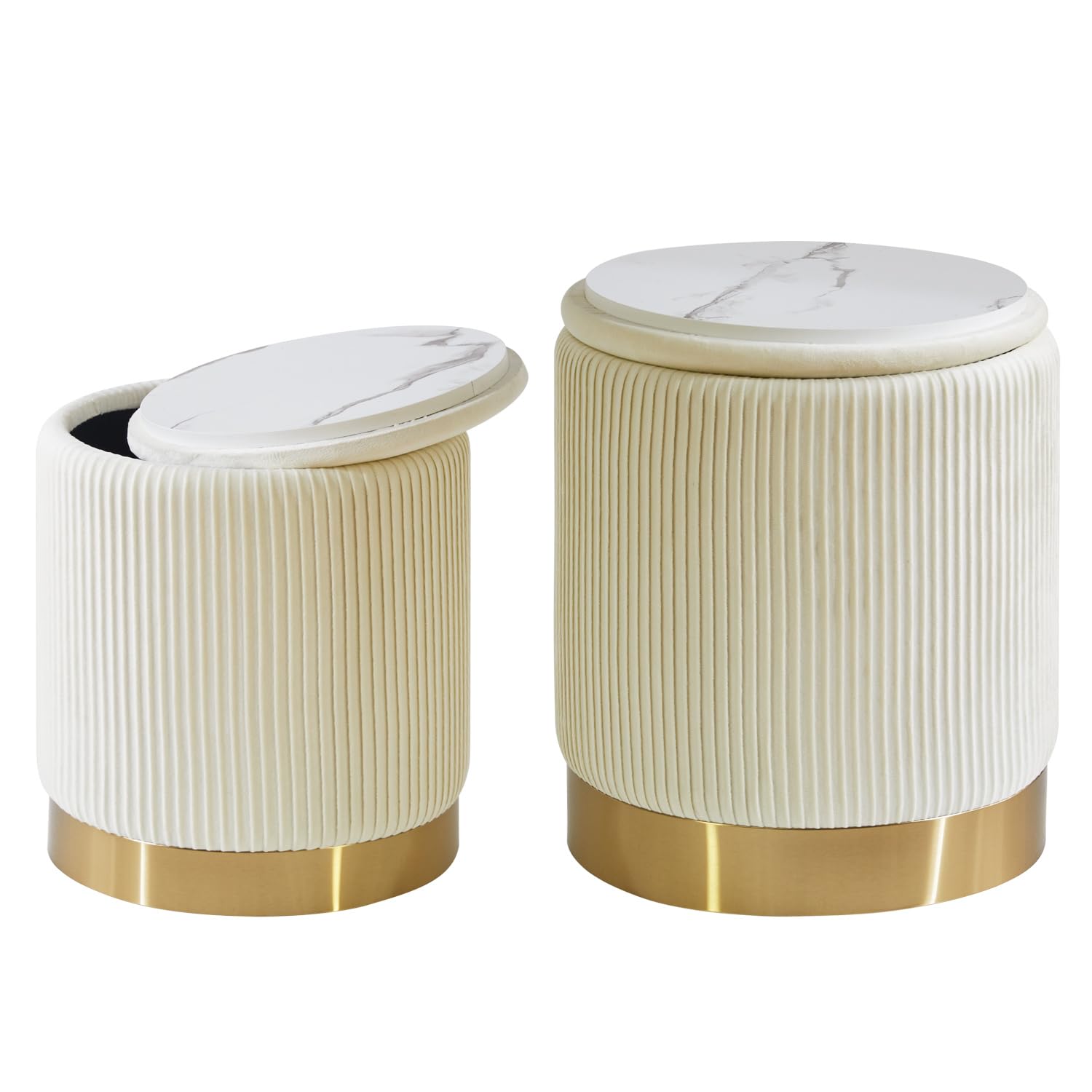 IBUYKE set di 2 ottoni rotondi con stoccaggio e decorazione ad anello in metallo, velluto Vanity Sgabello per trucco, moderno sedile imbottito tavolino, poggiapiedi sgabello, bianco WBD016W