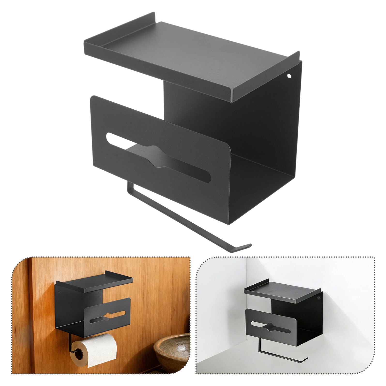 OUNONA Porta Carta Igienica a Doppio Strato in Acciaio al Carbonio Nero con Ripiano Porta Telefono, Contenitore per Fazzoletti da Parete, Dispenser Salvaspazio per Bagno Moderno