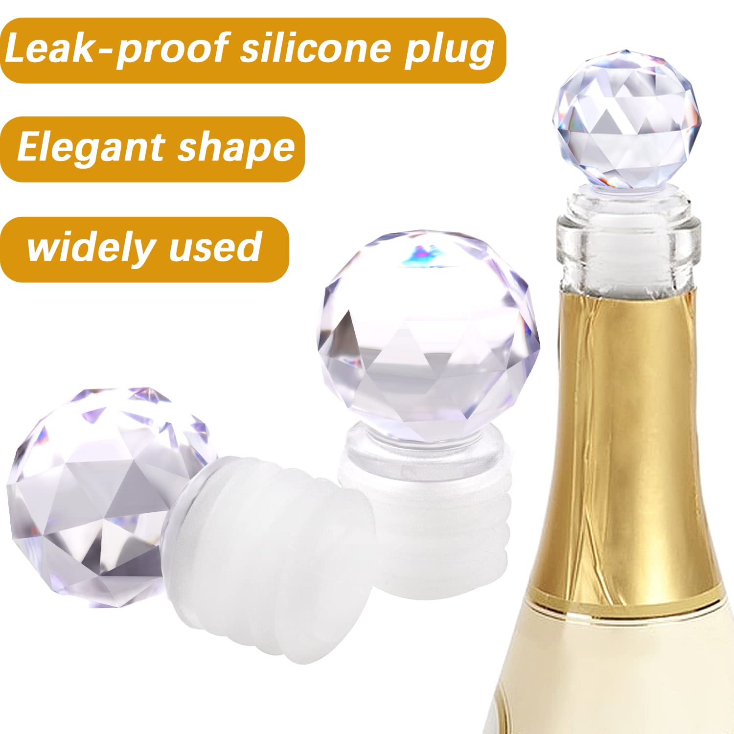 10 tapones de botella únicos decorativos con bola de cristal, mini tapón de botella de vidrio acrílico transparente con silicona hermética para vino, bebidas, refrescos, champán, licores, aceites