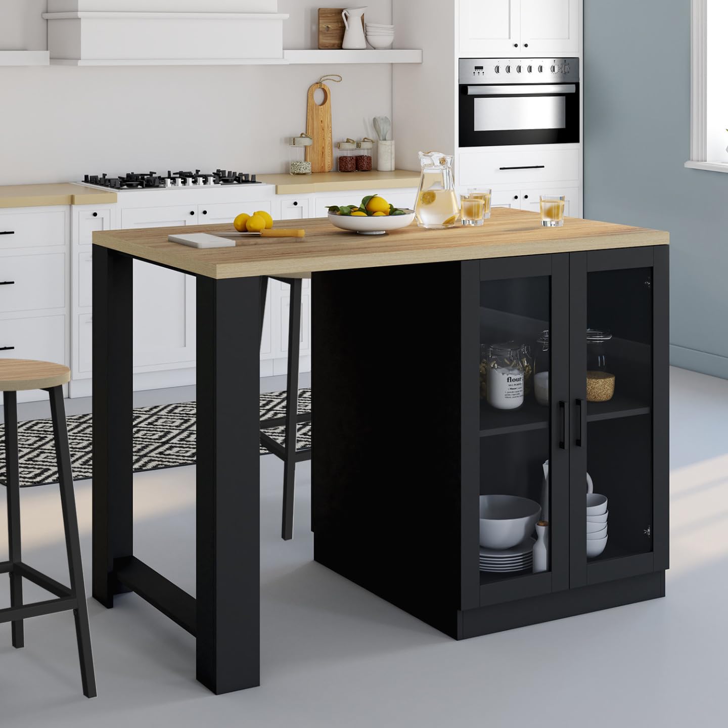 IDMarket - Ilot central LINO 120 cm 2 personnes bois noir avec plan de travail façon hêtre et portes vitrées