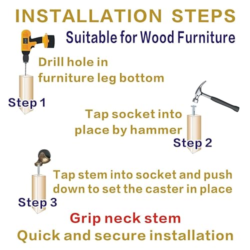 Miniatura 5 de JGJC Ruedas giratorias de 2 pulgadas, ruedas giratorias para muebles antiguos, juego de 4 con enchufe, ruedas de latón macizo con vástago (516 x