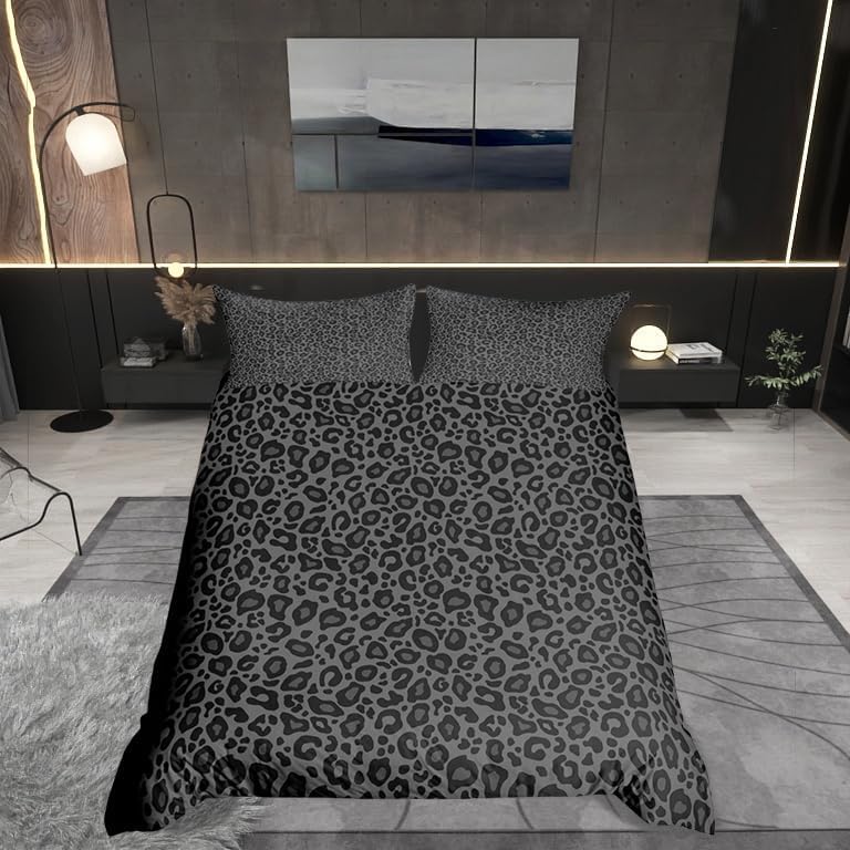 Gray Leopard Print Duvet Cover King Size,African Cheetah Wildlife Comforter Cover for Adults Kids Bedroom Decor,Wild Animal Skin Decorative Bedding Set 2 Pillowcases,No Comforter
