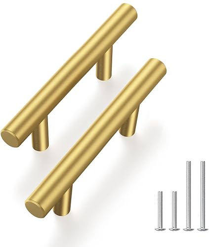 Haliwu Paquete de 5 manijas de gabinete de latón dorado para gabinete de 2-1/2 pulgadas, tiradores de cajón centrales, manijas modernas de barra