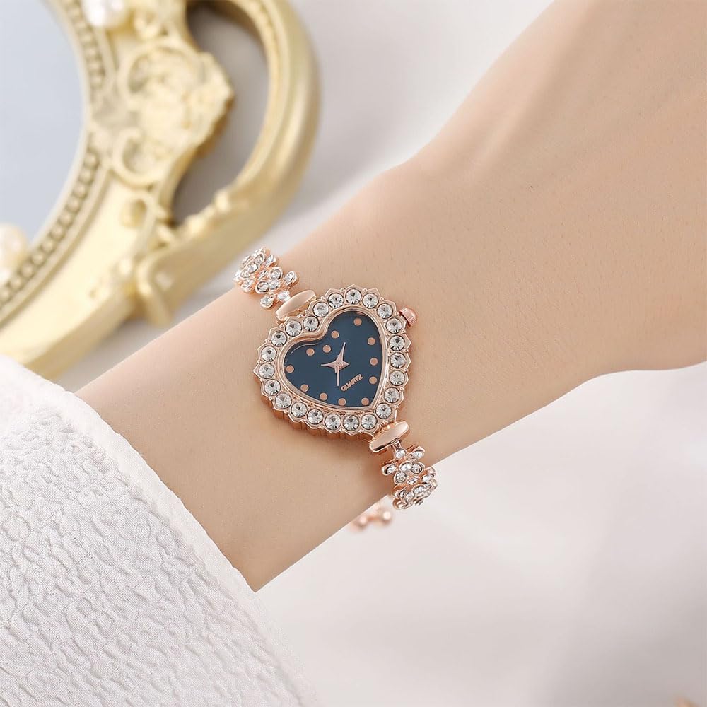 5 Stück verstellbare Armbanduhr für Damen Strass Quarzuhr Diamantbesetzte Uhr Casual Mode Herzform rundes Zifferblatt Analog Quarz Armbanduhren