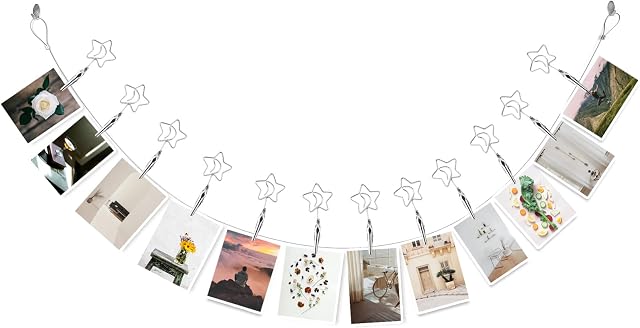 joycraft Adjustable Wall Hanging Photo Display, 5Ft Photo Banner, Photo Wire with 12Pcs Star Clip, Hanging Display Wire for Picture Display