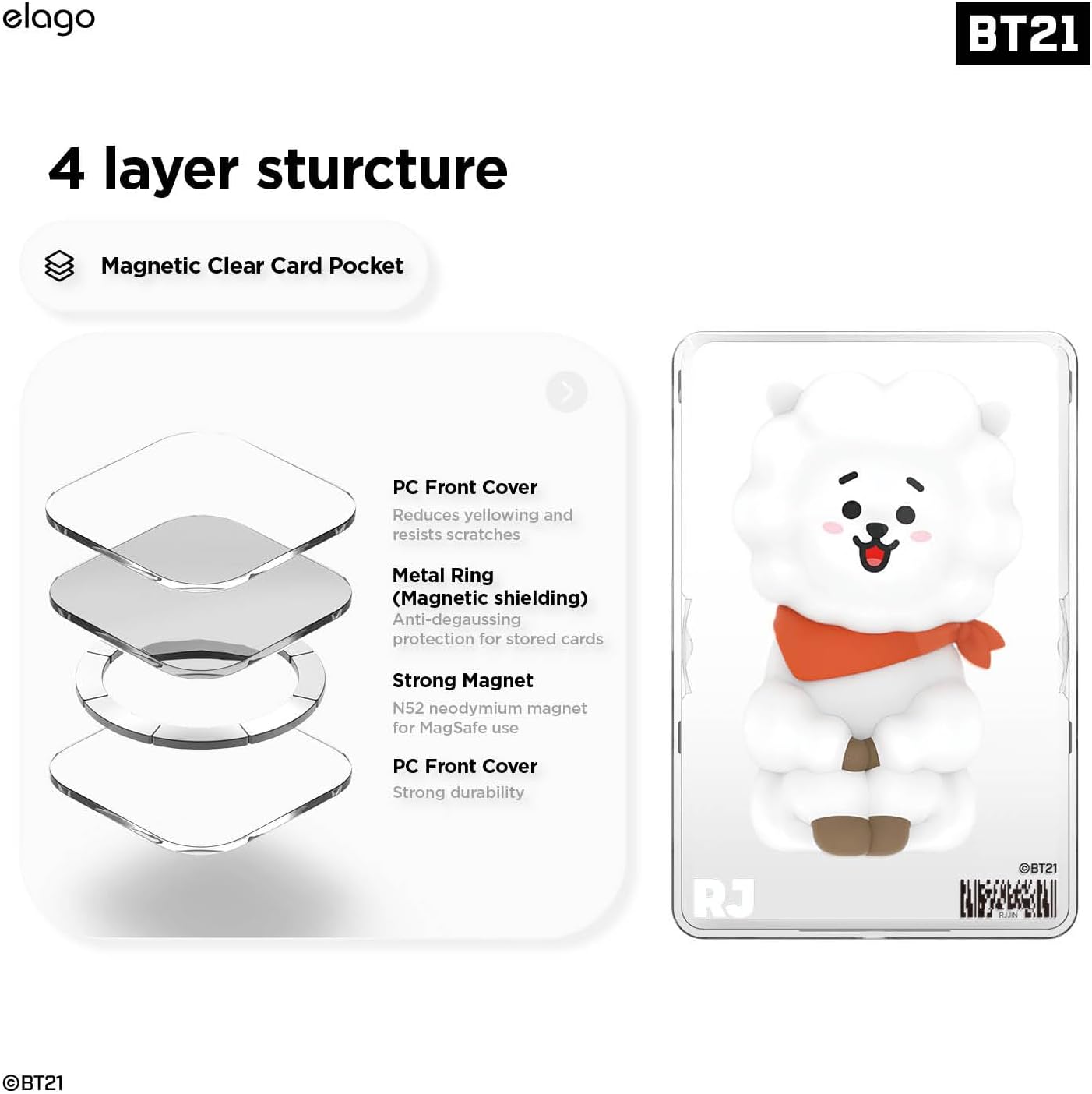 elago | BT21 Magnetic Clear Card Pocket Compatible with MagSafe for iPhone - Secore Phone Wallet, Protection [Official Merchandise] (KOYA)