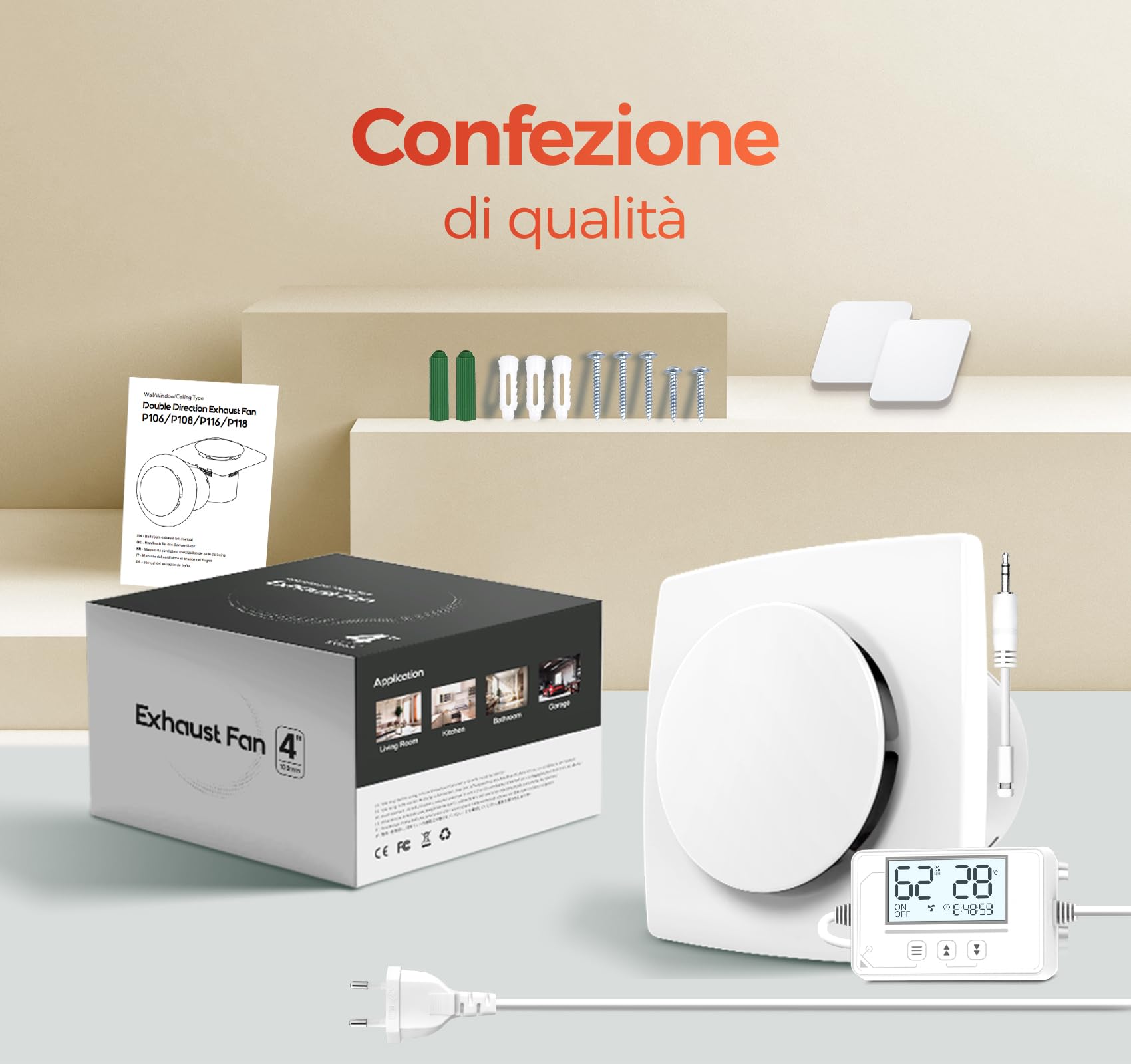 3 Velocità Aspiratore bagno con Sensore Umidità, Sensore Temperatura, Timer - Automatico Estrattore Aria 100mm - Silenzioso Potente Ventola aspirazione bagno WC cantina P117 (senza telecomando)