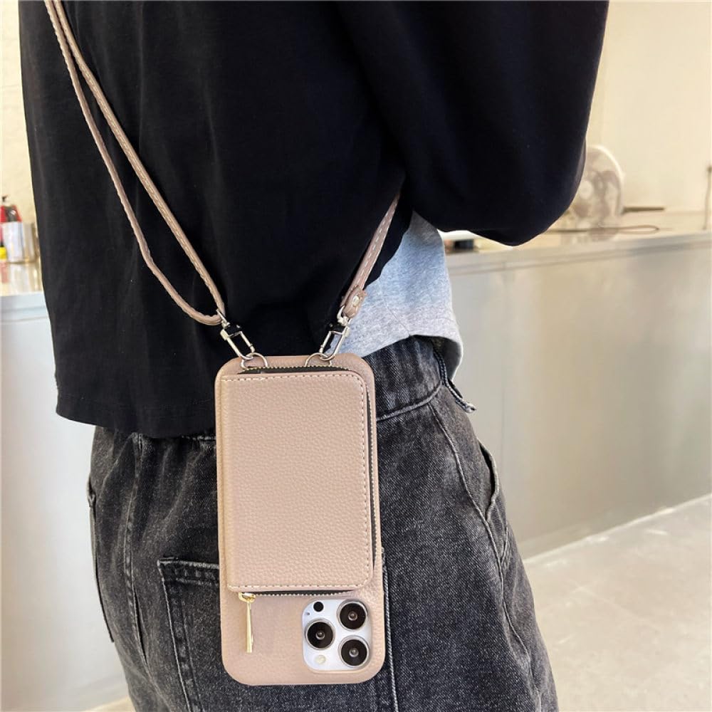 Funda para teléfono con correa para el hombro y billetera con cremallera para iPhone 15 15Pro Max 14 Plus 13 Pro 12 11 Funda trasera con bolsillo para tarjeta con cordón de cuero PU, C, para iPhone 1