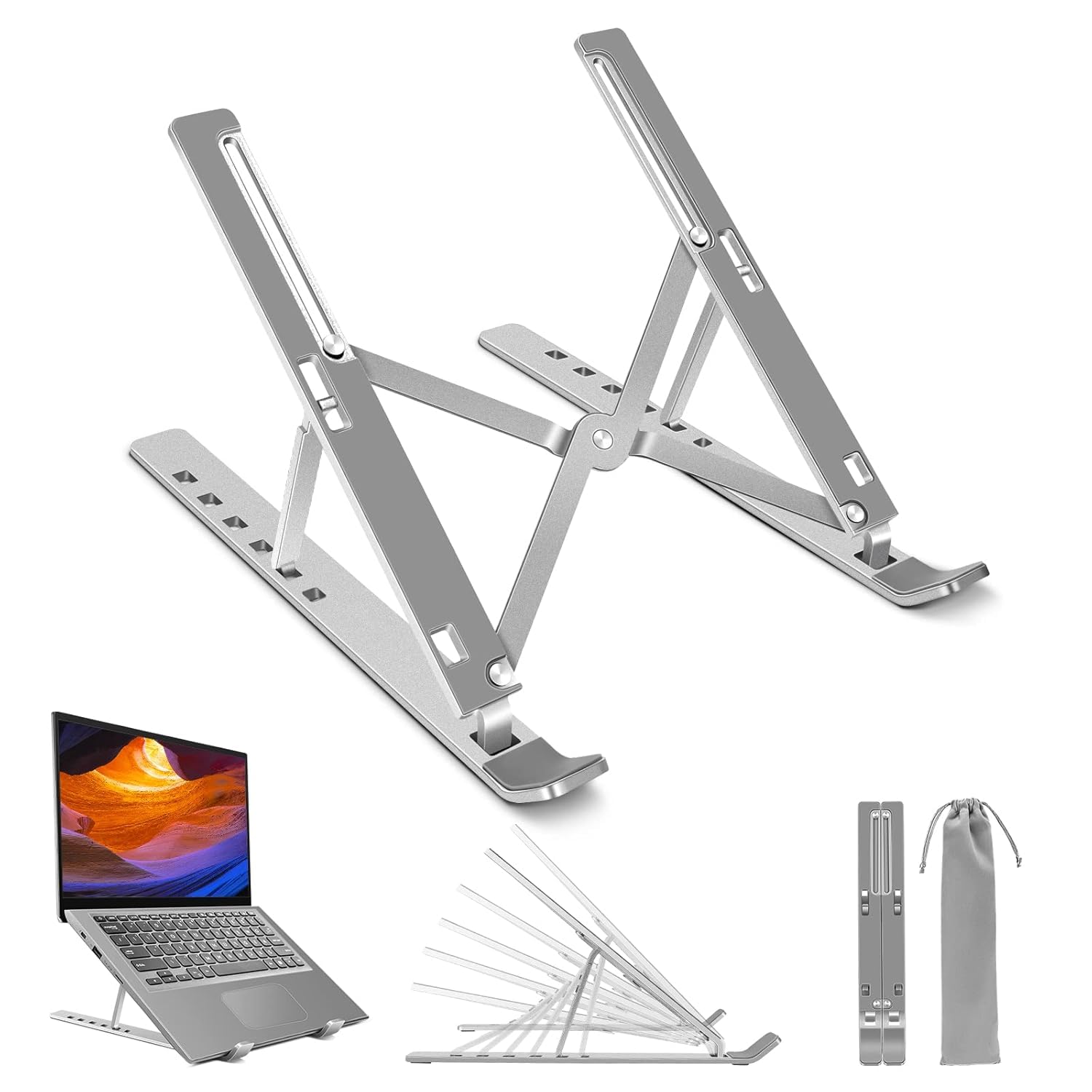 Portable Aluminium Alloy Laptop Stand, Foldable with 6 Adjustable Angles, Non-Slip Silicone, Ergonomic Design, Silver, with Storage Bag-image-6