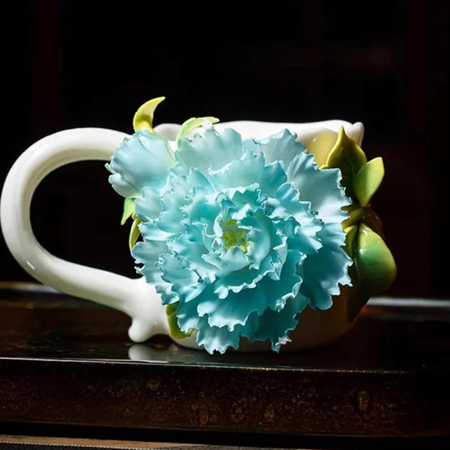 Handmade 3D Peony Ceramic Cup, Handcrafted Porcelain Coffee Cup with Floral Relief, Home Decor Art Teacup, 115ml(Green)