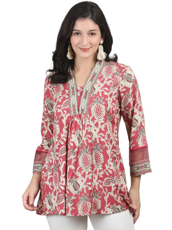 Womens Rayon Printed Pink Short Kurti for Women | Soft Viscose Rayon Tunic Top | V Neck | 3/4th Sleeves | Casual Office Wear-picture-51