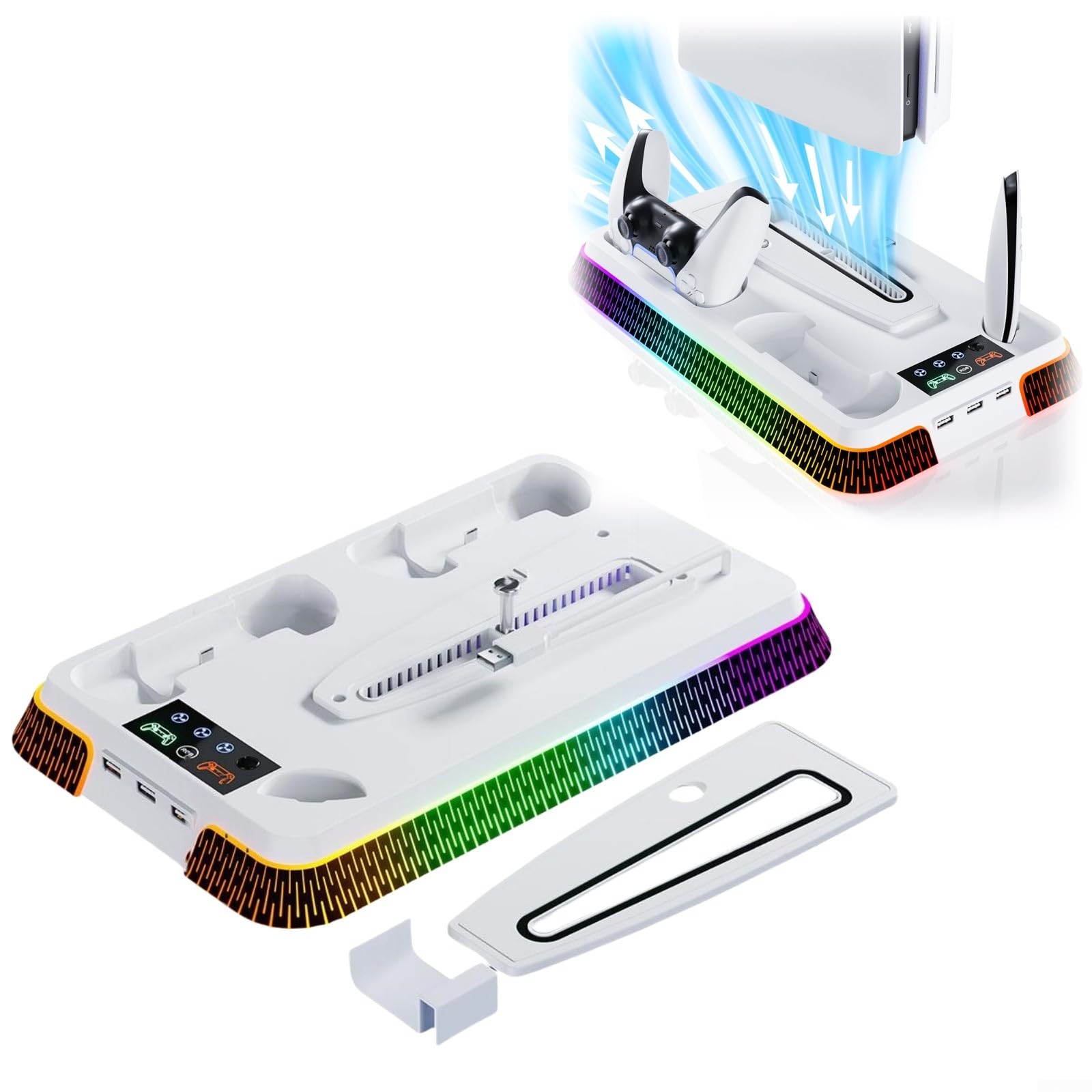 Supporto sottile e stazione di raffreddamento con controller LED stazione di ricarica per console PlayStation 5 Pro, caricatore doppio controller per PS5 Pro, ventola di raffreddamento, supporto per