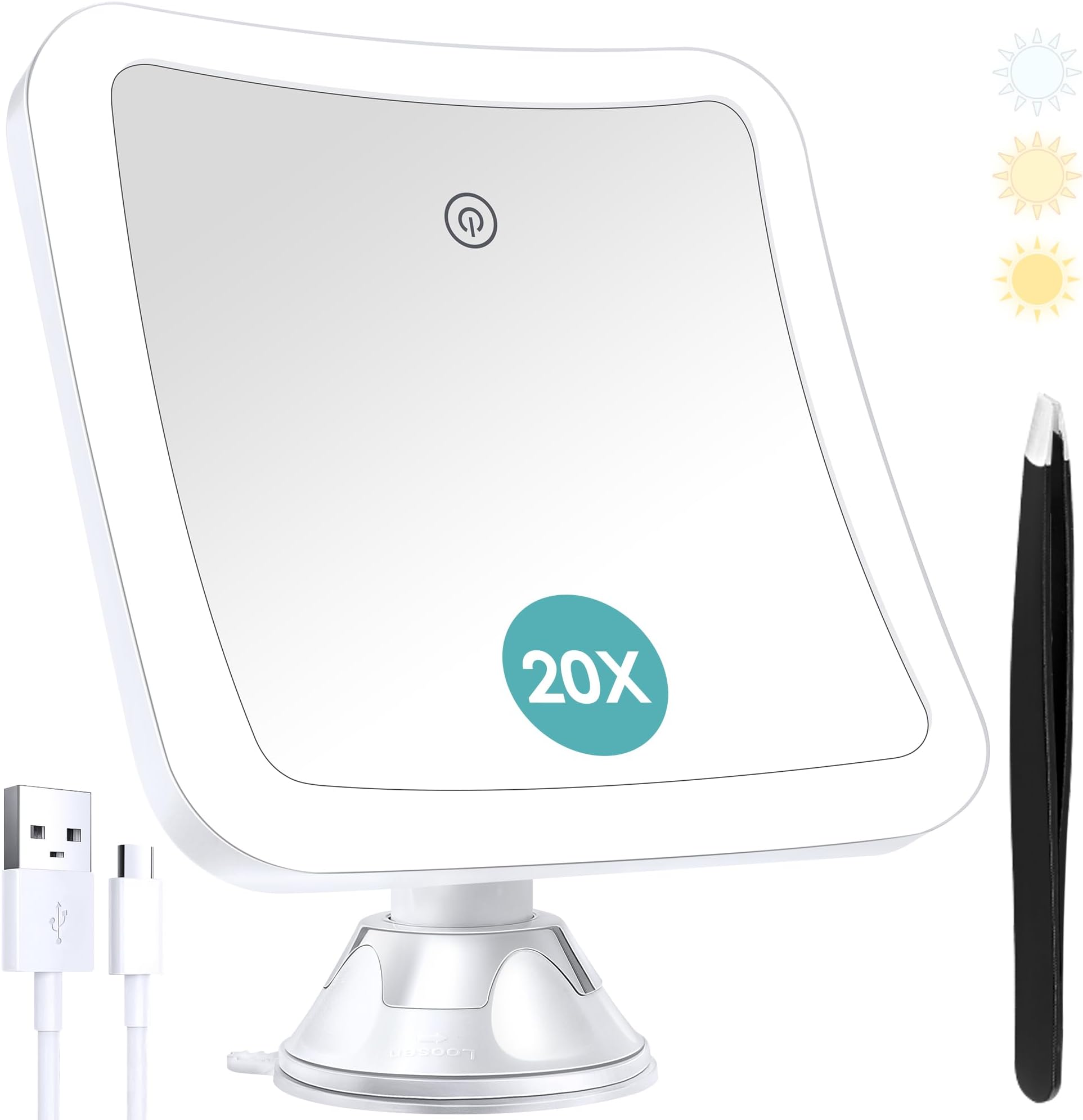 B Beauty Planet Makeup Mirror with Light,20x Magnifying Lighted Vanity Mirror with Touch Control and Suction Cup,Rechargeable,3 Colours Lighting,360° Rotation,Bathroom Vanity and Travel,Square
