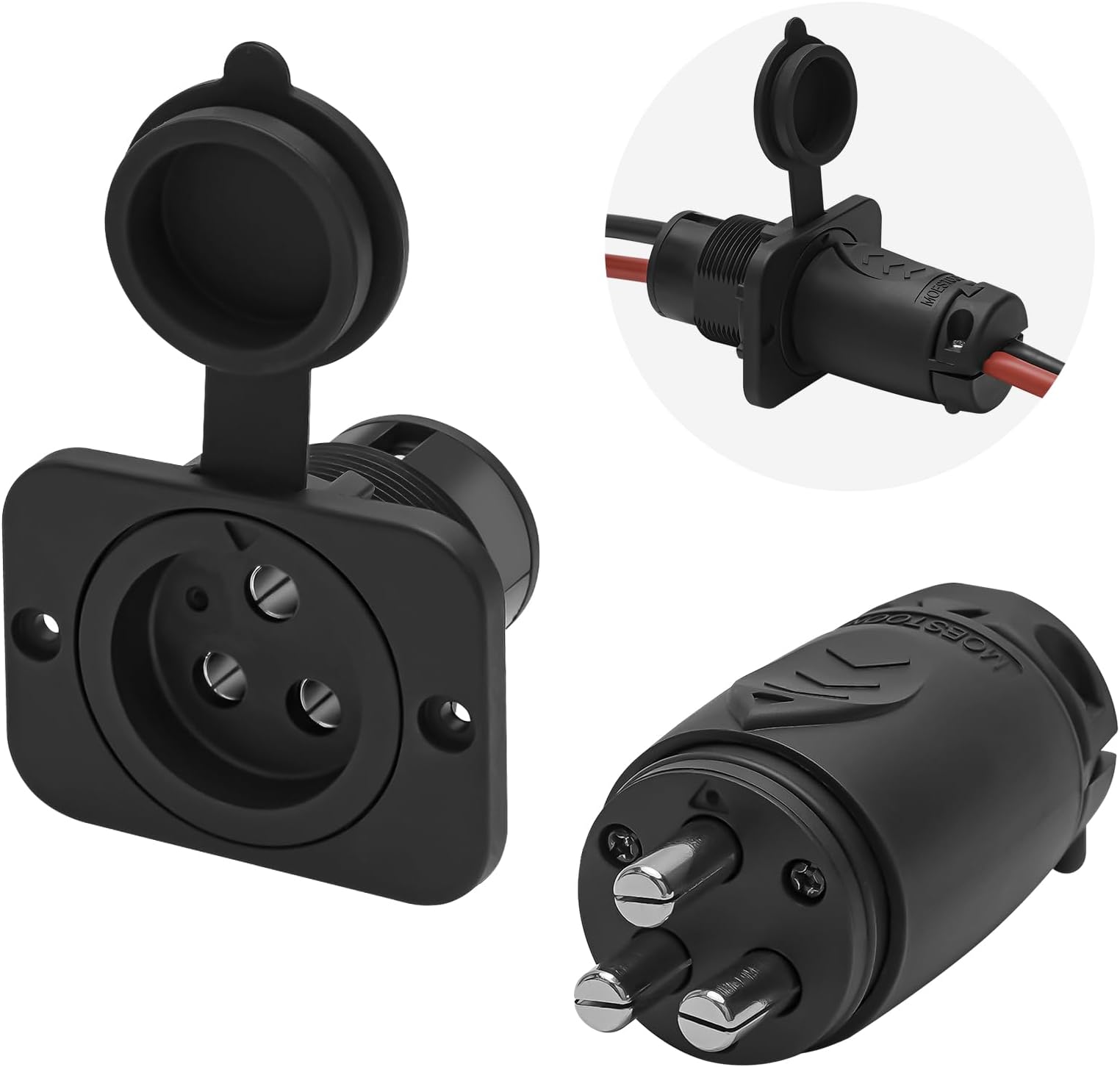 70A Trolling Motor Plug & Receptacle for 2 or 3 Wire 12-48V Systems Compatible with Minn Kota Marine Boat, Watertight Heavy Duty Electrical Power Connector Black
