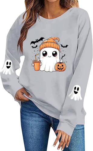 ASUIU Halloween Sweatshirts for Women Women's Ghost Coffee P