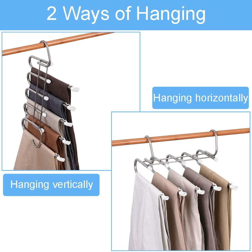 Pants Hangers Space Saving - 4 Packs Pants Rack, Multi Functional Pant Hangers, 5 Layered Non Slip Pants Hanger, Open Ended Metal Hanging Closet Organizer Trouser Jean Hangers for Clothes Scarf Jeans