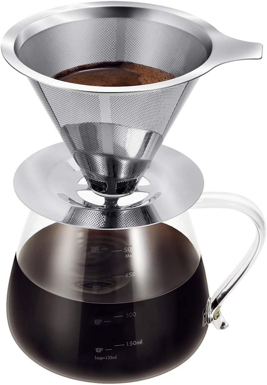 Vevok Chef Pour Over Coffee Maker Set, Reusable Stainless Steel Dripper with 600ml Borosilicate Glass Pot, Mesh Cone Permanent Filter, Paperless Coffee Brewing Kit for Home & Office, Hold 1-4 Cups