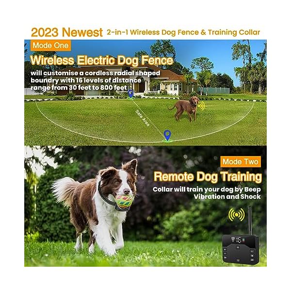 FULUPET Electric Fence for Dogs, 2-in-1 Wireless Dog Fence, Wireless Pet Containment System with Rechargeable Waterproof Collar, Electric Dog Collar Fence Wireless for Small Medium Large Dogs