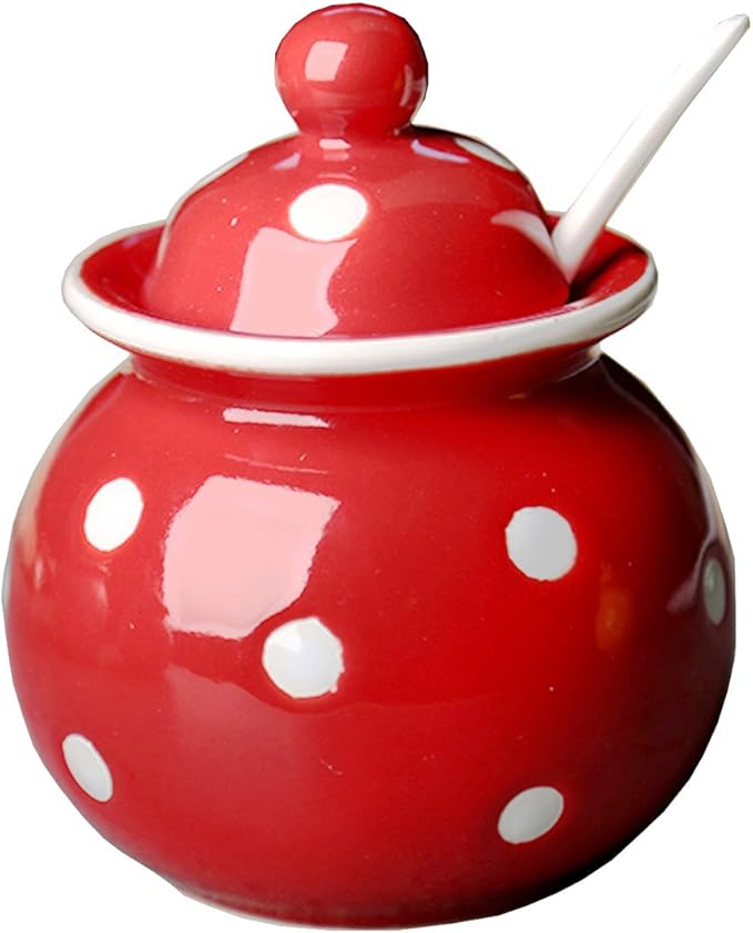 123Arts Ceramics Dot Sugar Salt Pepper Storage Jar Seasoning Pot with Lid And Spoon