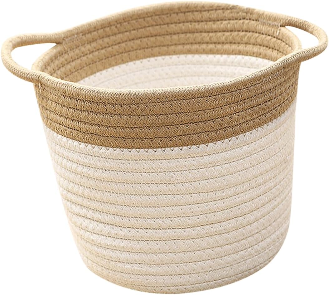 Amosfun 1pc Spliced Cotton Rope Storage Basket Versatile Toy Organizer for Home Office Khaki Sundries Bin Convenient Handles for Easy Moving Stylish and Practical Storage