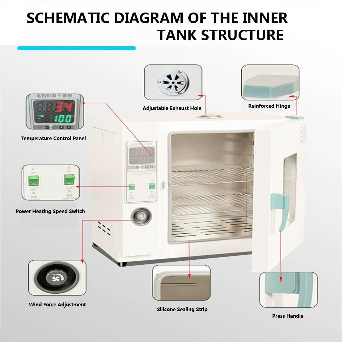 Horno de secado al vacío para uso en laboratorio, capacidad de 70 litros con interior galvanizado, potencia de 1500 W, incluye medidor de vacío y controlador digital para un control preciso de la