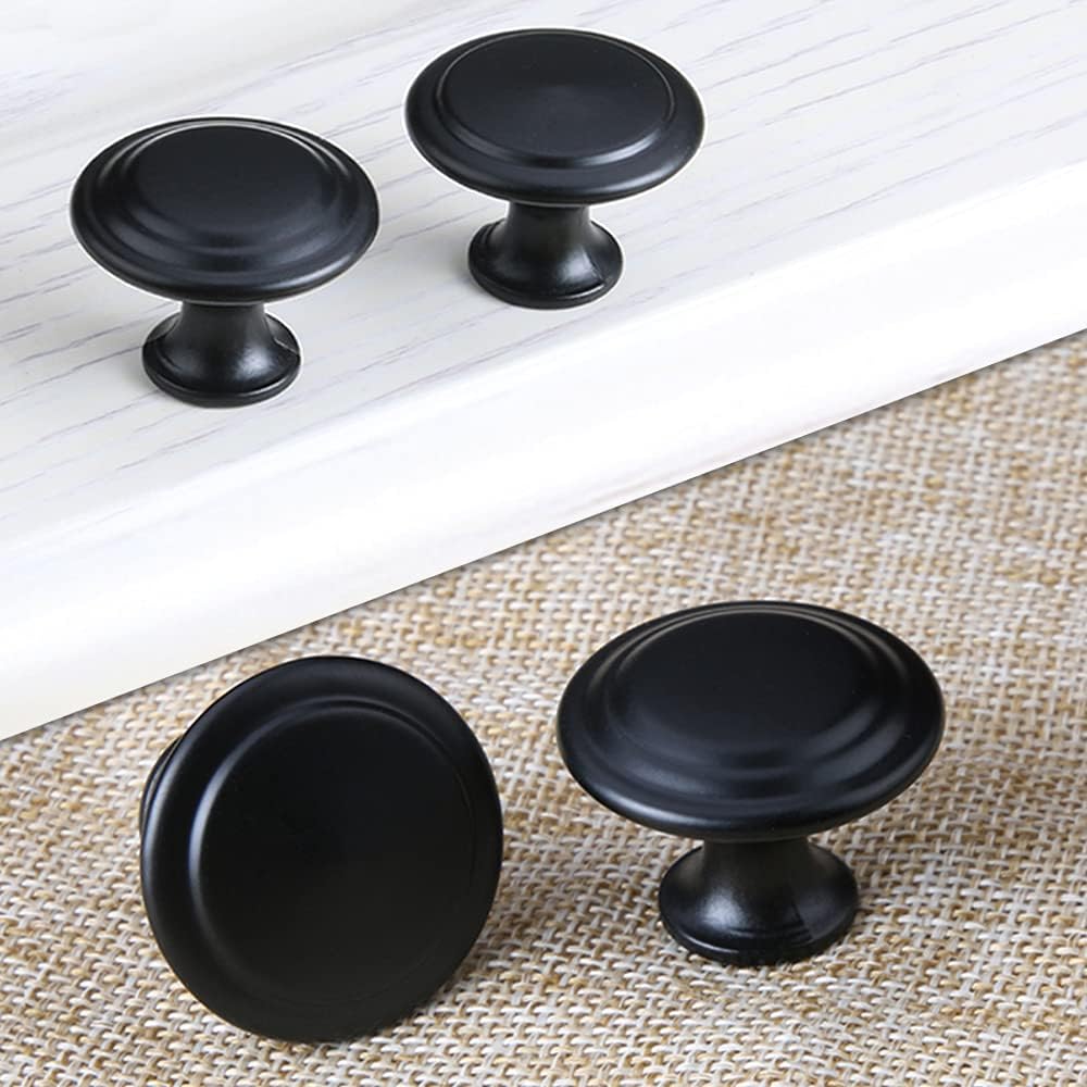 20pcs Matt Black Stainless Steel + Zinc Alloy Drawer Knobs, 27 x 22 mm, Single Hole Round, Cupboard Kitchen Cabinet