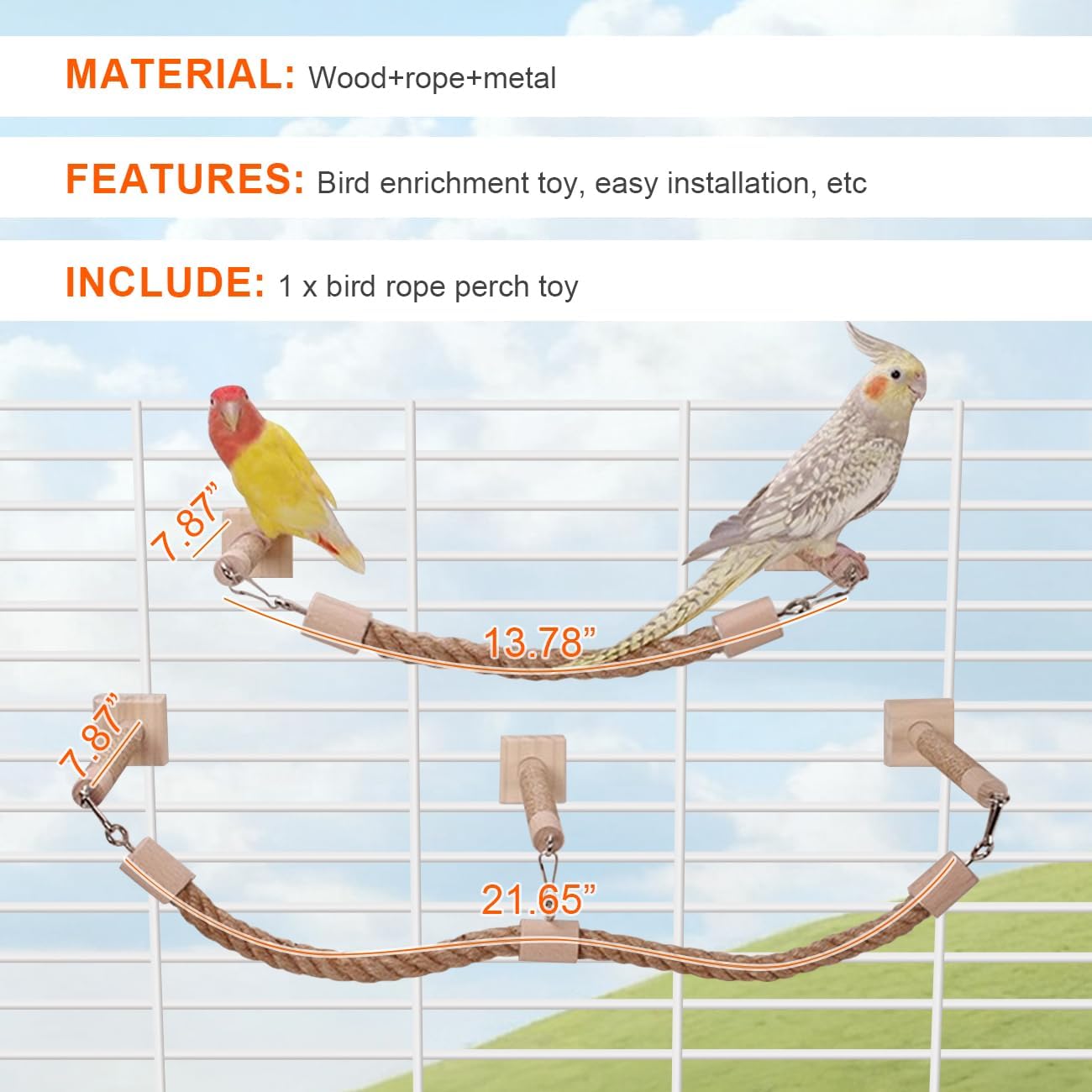 La La Pet Bird Rope Perches for Cage Natural Wood Standing Perch Hanging Bridge and Swing Interactive Birds Toys for Conures Budgies Parakeets Cockatiels Lovebirds 3-Set