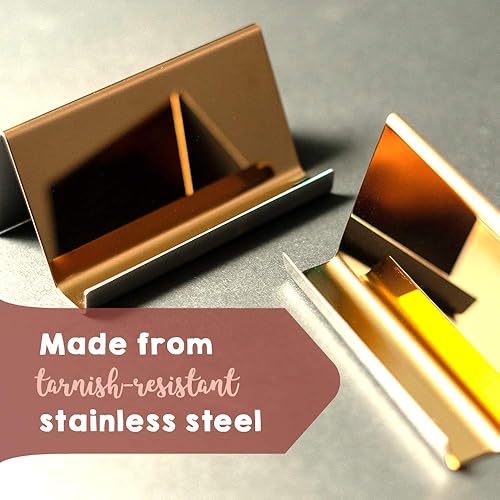 Miniatura 4 de Soporte para tarjetas de visita de color oro rosa (paquete de 3), 3.5 x 2.0 x 1.8 in de acero inoxidable, soporte de mesa para tarjetas de