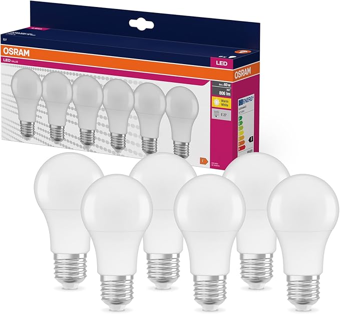 OSRAM LED Star VALUE A60, paquete de 6 bombillas, reemplaza bombillas incandescentes tradicionales de 60W, blanco cálido (2700K), 8W, casquillo E27, mate, no regulable