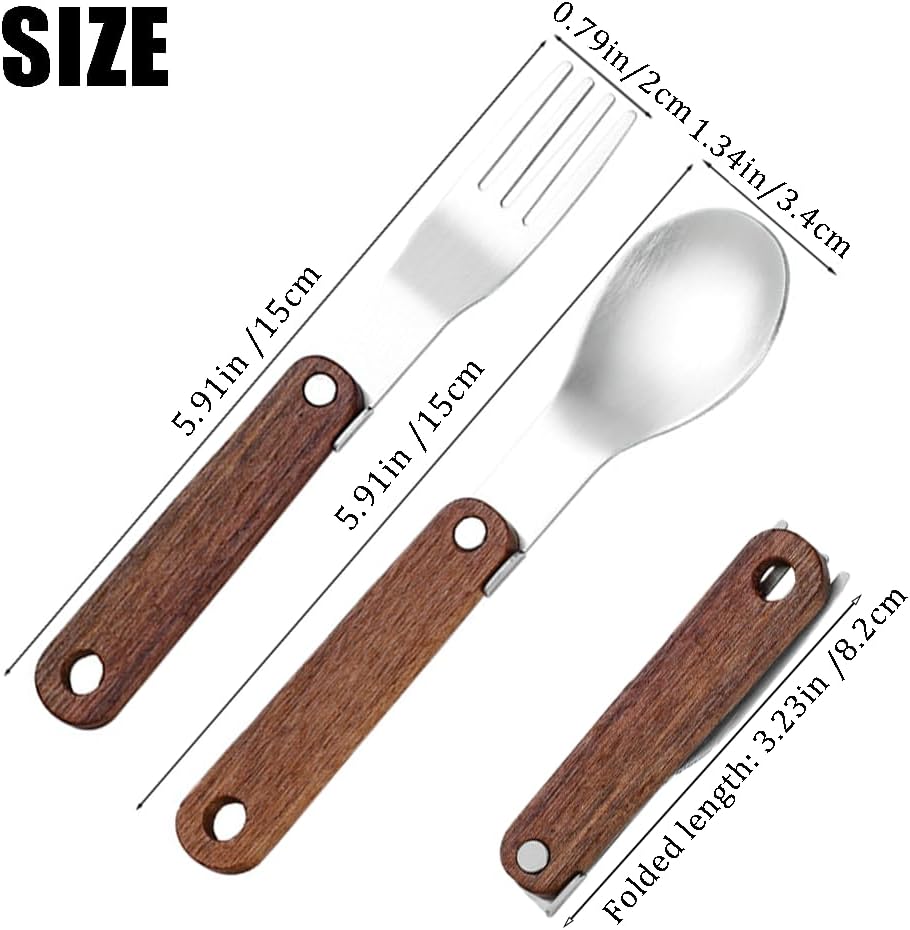 Foldable Stainless Steel Spoon and Fork Set,Portable Salad Spork Reusable Flatware Sets,Walnut Handle Tableware for Travel Camping Picnic, 1 Pcs Spoon 1 Pcs Fork