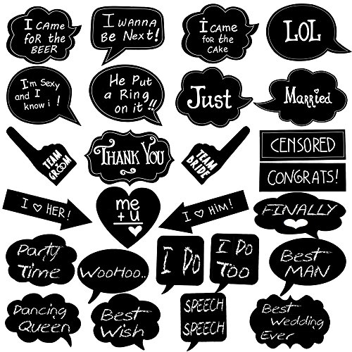 Large Wedding Photo Booth Props 26pcs BizoeRade DIY Party Props, Included 10pcs Black Blank Chalkboard Message Signs & 16pcs Wedding Props with Funny Written TEXT For Weddings Party