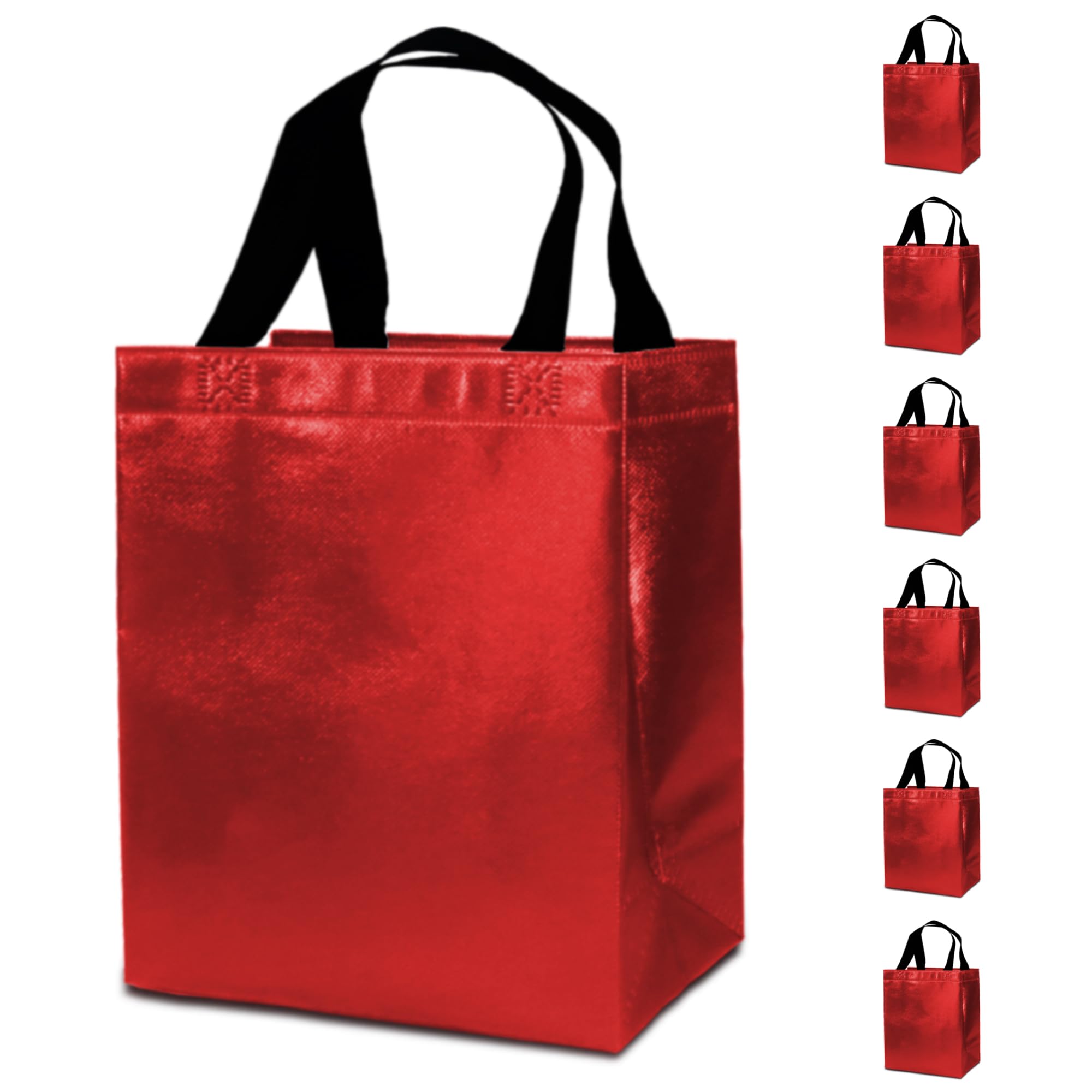 FONXHEE 6 Red Gift Bags with Tissues - Medium Sturdy Reusable, Glossy Metallic Non Woven 8x4x10 for Christmas, Graduations, Valentine's Day, Birthdays