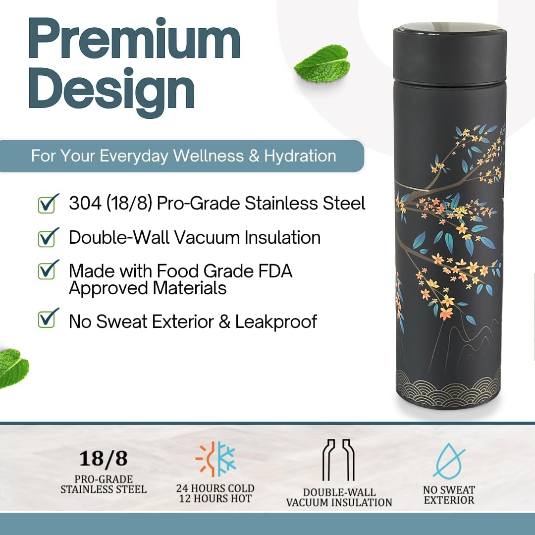 Farasi Tea Infuser for Loose Leaf Tea Smart Water Bottle with Fahrenheit Temperature Display, Stainless Steel Insulated Coffee and Fruit Tea Infuser Bottle - Floral Travel Tea Mugs 15 oz (Black)