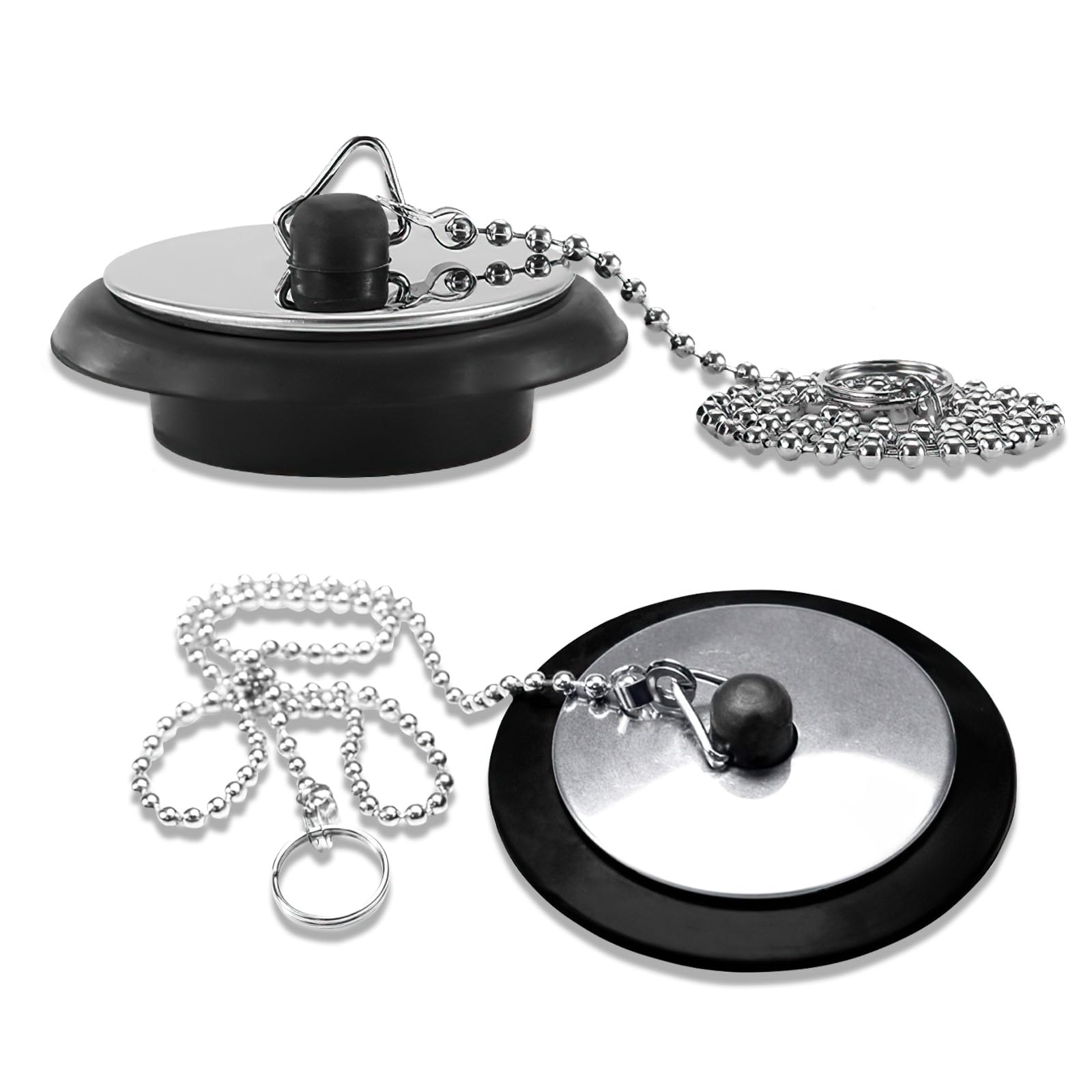 2Pcs Universal Bath Plug, Sink Plug, Bath Plug Replacement, Bathes Plugs and Chain, Drain Stopper for Bathroom and Kitchen with Stainless Steel Chain, Suitable for Bathroom and Kitchen, 42mm to 45mm