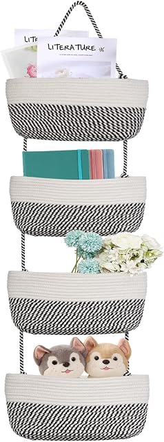 TANOSAN 4-Tier Over the Door Hanging Basket, Cotton Rope Wall Mount Hanging Basket for Organizing, Decorative Hanging Storage Organizer for Nursery, Bedroom, Bathroom, Living Room