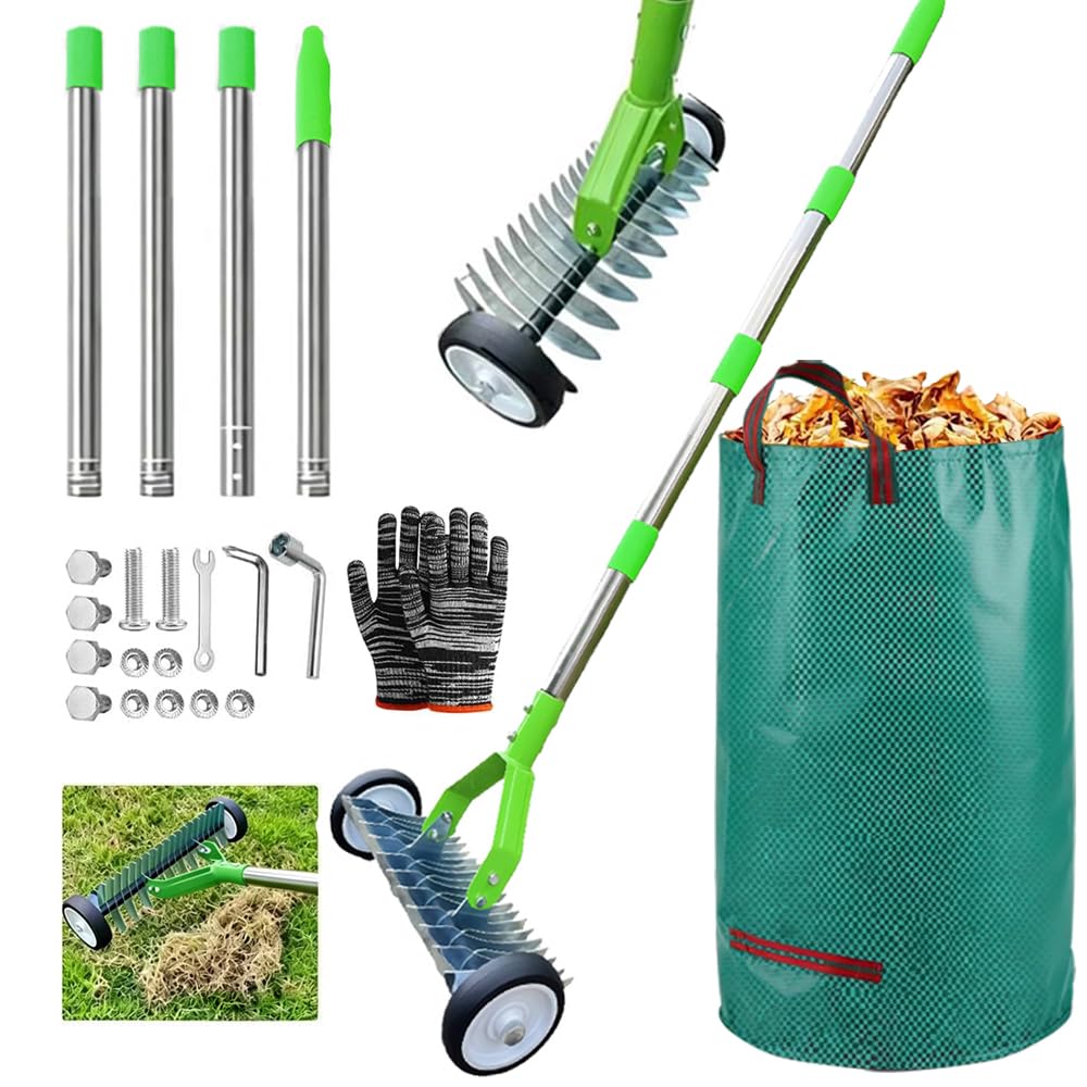 Escarificador de mano con ruedas de 165 cm, mano con saco de basura de jardín, rastrillo con mango, rastrillo de corte con mango, escarificador, para eliminar el fieltro del césped