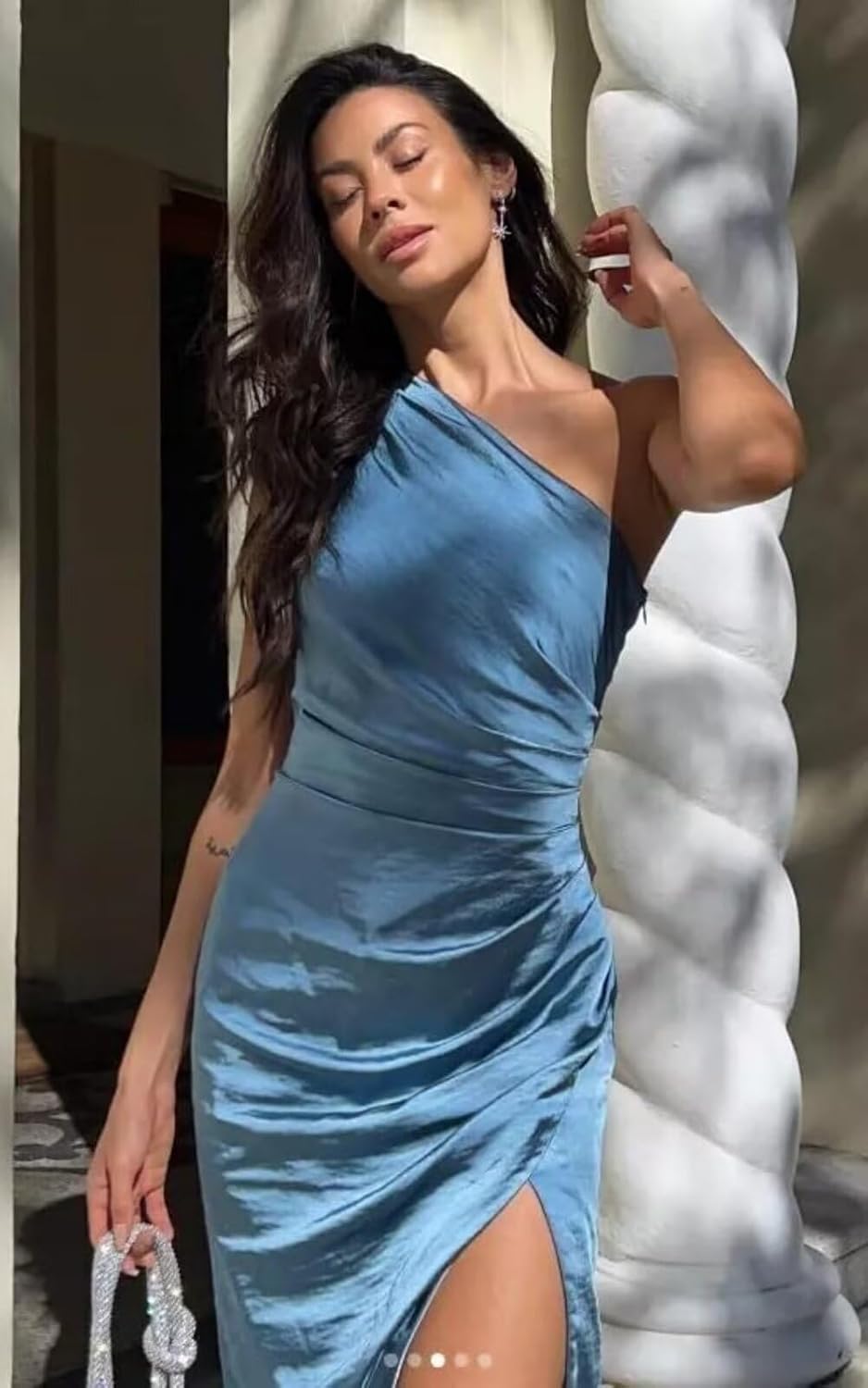 Satin Bridesmaid Dresses for Women One Shoulder Prom Dress Pleated Midi Formal Cocktail Gown Wedding Guest Dress with Slit - Image 4