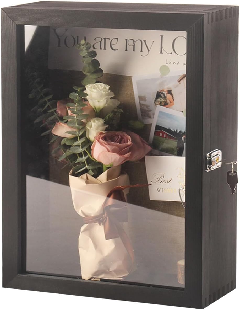 12”x17” Large Shadow Box Frame Depth 5in Extra Deep Shadow Boxes Wall Mounted Display Cases Hinged Door with Lock for Flowers Wedding Bouquet Pictures Photos Medals and Keepsake (Black)