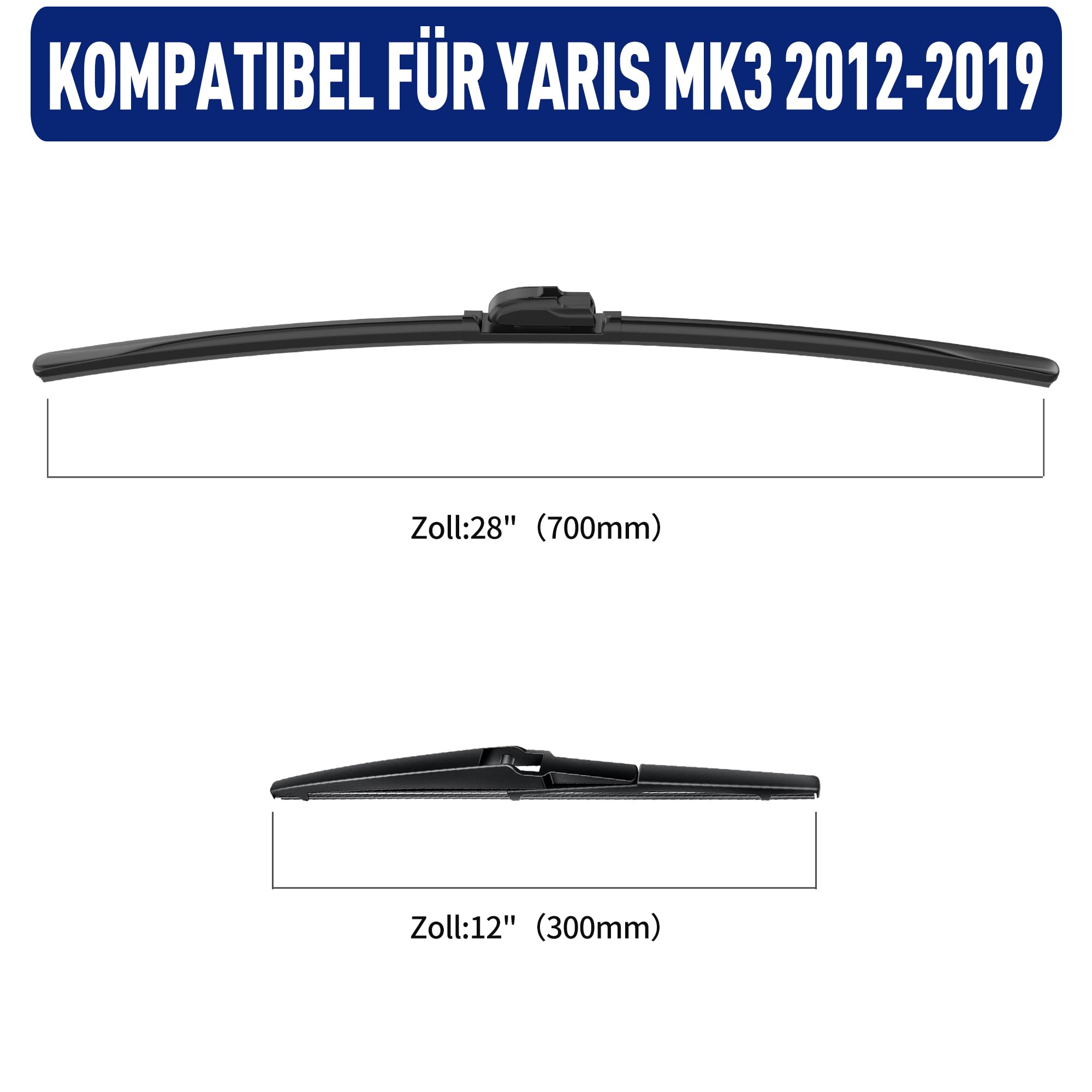 Scheibenwischer Set für Toyota Yaris MK3 2012-2019 Vorne & Hinten | 2 Front + 1 Heck, Vordere Flachbalken-Wischer, Auto Scheibenwischer Frontscheibe und Heckwischer, Direkte Montage
