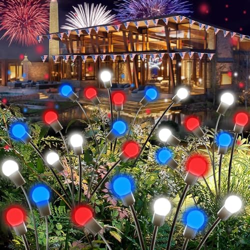 4th of July Decorations Outdoor, 8 Pack Red White and Blue Solar Garden Lights 48 LED, Solar Firefly Lights Outdoor Waterproof Patriotic Light for Independence Day,National Day Garden Yard Decoration