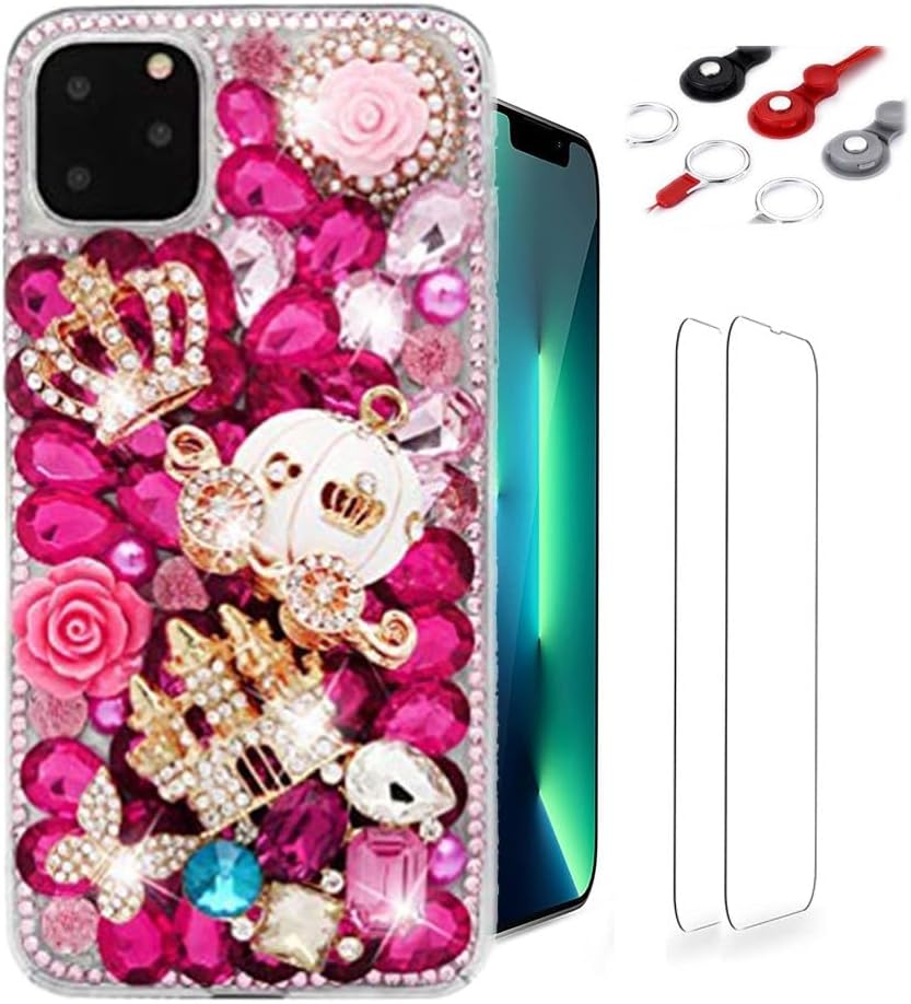 Glitter Phone Case Compatible with iPhone SE 2020 - Girls Women 3D Luxury Shiny Bling Handcrafted Cover with Screen Protector, Phone Lanyard - Hot Pink Castle Pumpkin Car Crown