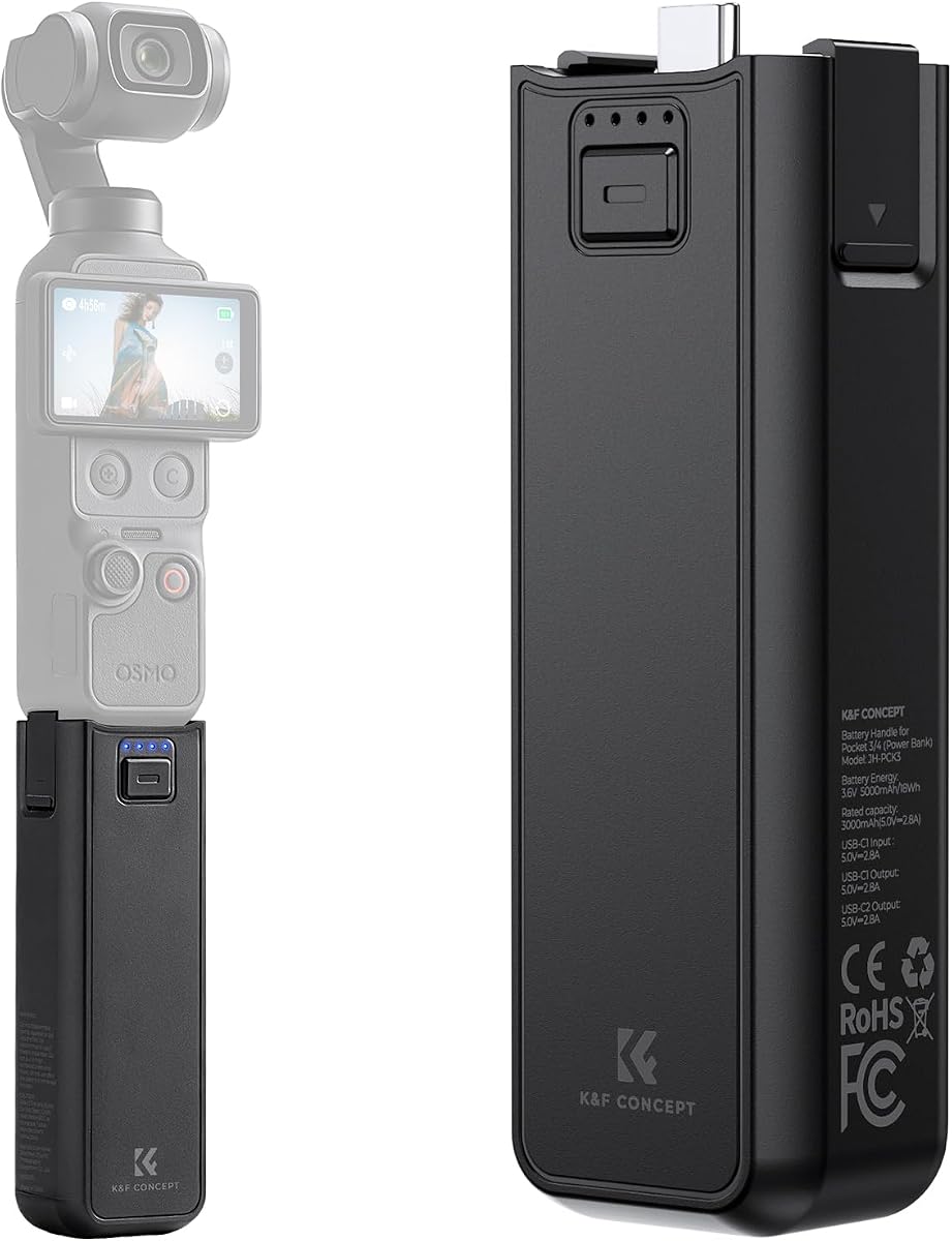 K&F CONCEPT 5000mAh Fast Charging Battery Handle for Osmo Pocket 3/4/4 Pro | Xtra Muse Power Grip with 20W, Wireless Mic Direct Connection, 1/4" Tripod Thread, Smart Temp Control JHPCK3