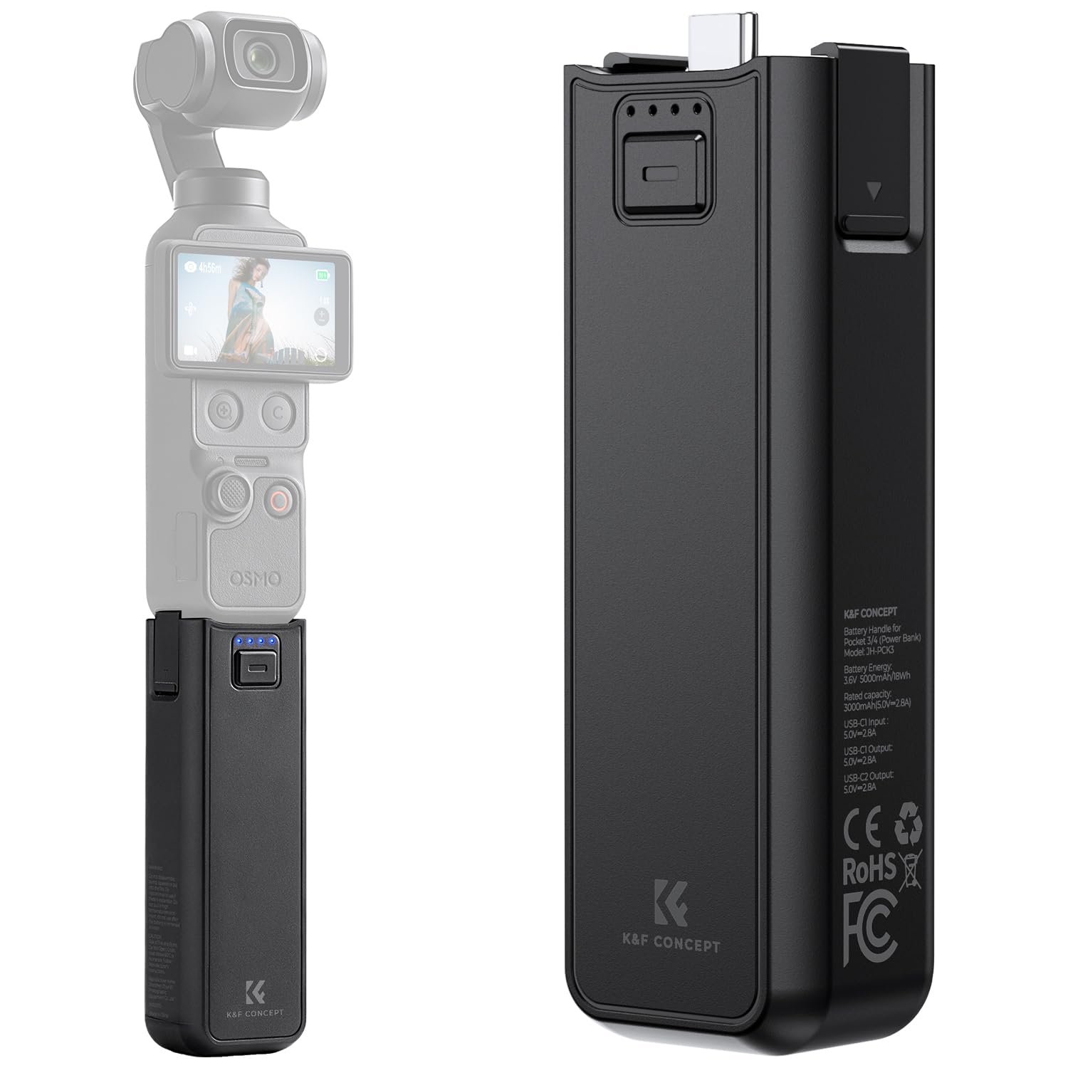 K&F CONCEPT Manija de batería de 5000mAh compatible con Osmo Pocket 4/Pocket 3, para accesorios de Osmo Pocket 3, batería completamente desbloqueada