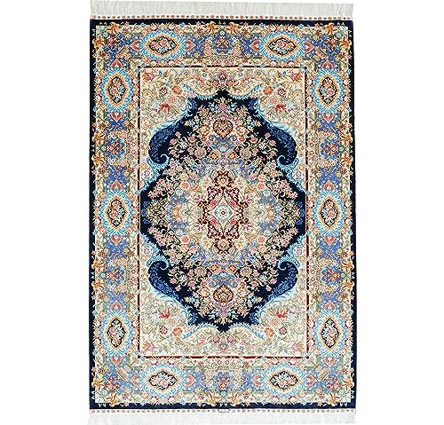 Yuchen Silk Rug 4x6 Blue Hand Woven Traditional Prayer Vintage Luxury Oriental Silk Living Room Rug