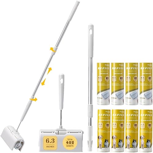 Rodillo de pelusa de superficie grande extra adhesivo con mango largo extensible a prueba de polvo, 6.3 pulgadas más ancho, 480 hojas8 repuestos,