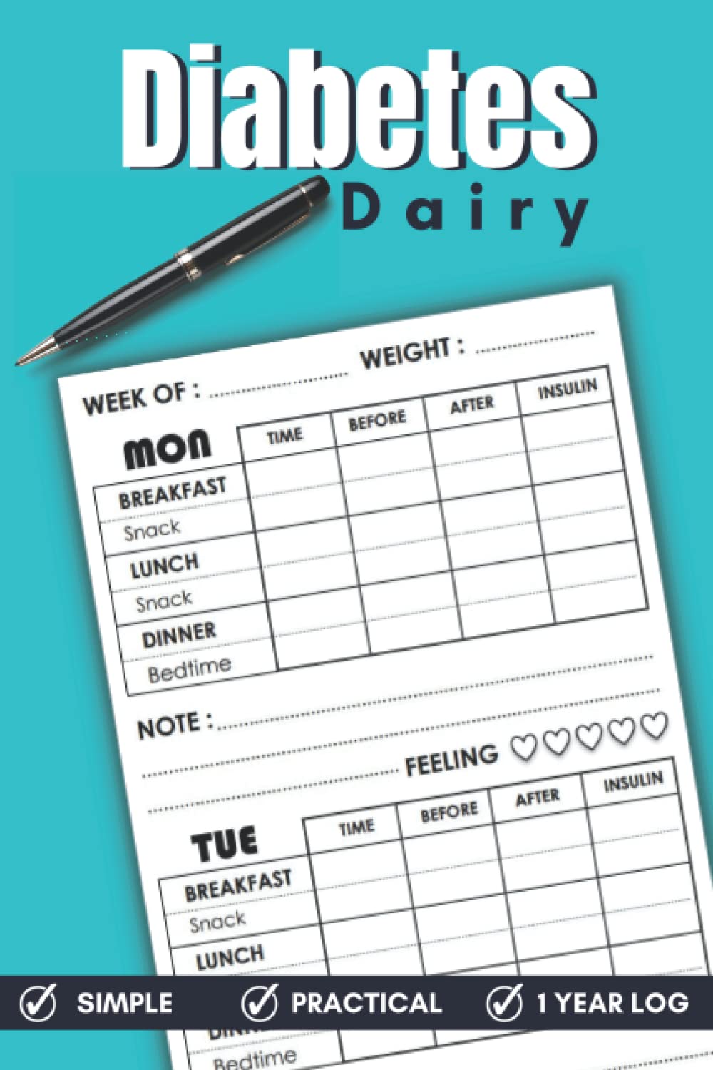 Diabetes Dairy: Blood Sugar Log Book, Daily Diabetic Glucose Tracker Book, diabetes food journal log book small, Enough For 1 Year