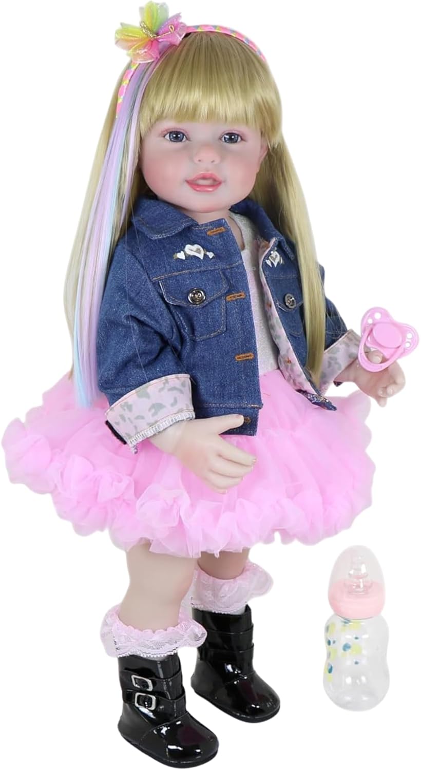 Rainbow Dreams Reborn Toddler Doll – 22” Lifelike Blonde Wig with Rainbow Highlights, Light Skin Tone, Denim Jacket & Pink Tutu Dress – Full Vinyl Body with Accessories – Ages 3+