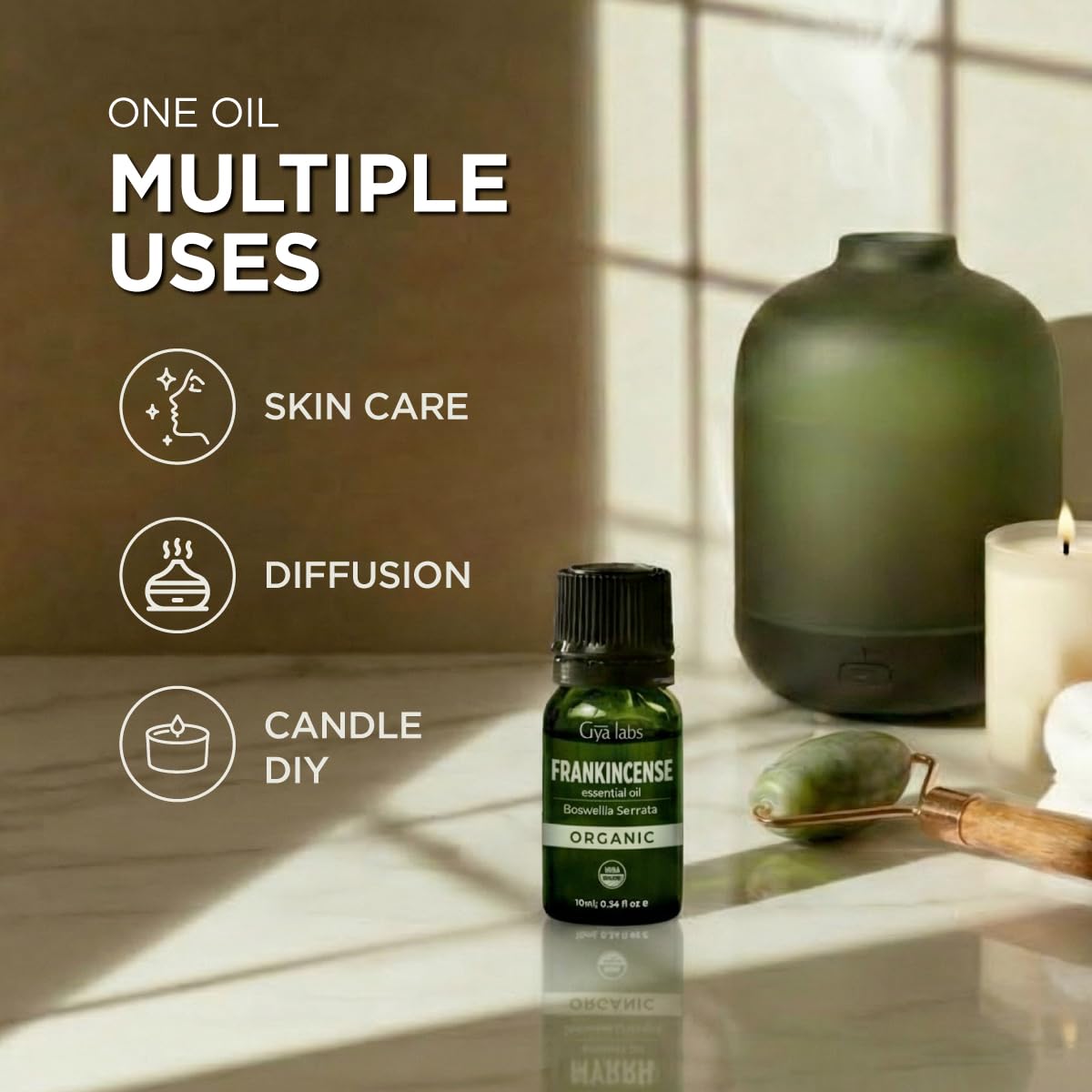 Aceite esencial de incienso orgánico para aromaterapia, piel y cara (10 ml) - Grado terapéutico 100% puro - Gya Labs